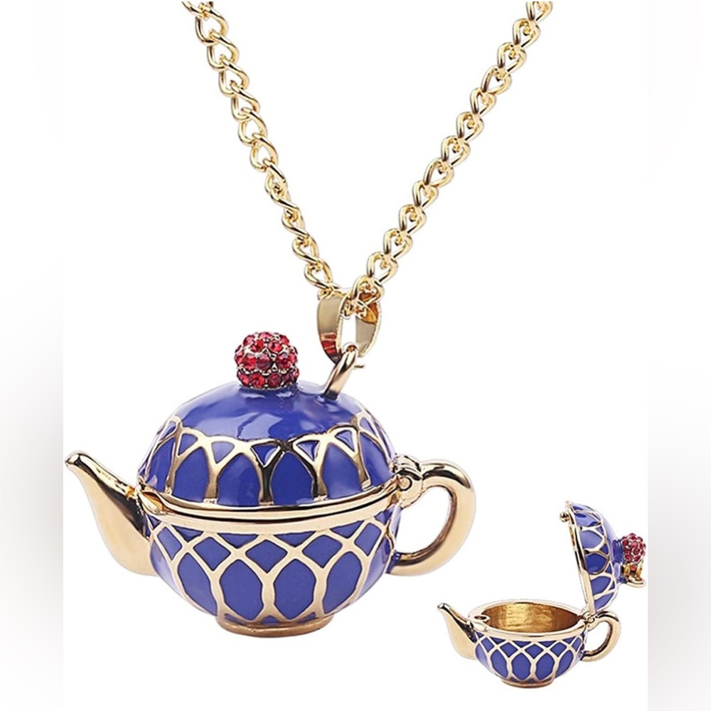 Fun, Retro, Openable Teapot Pendant Necklace with Cable Chain, Blue, Gold